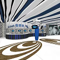 Modern Ticket Counter Front Desk with Striped Ceiling Marble Walls Screens and Circular Floor Patterns
