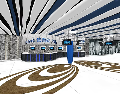 Modern Ticket Counter Front Desk with Striped Ceiling Marble Walls Screens and Circular Floor Patterns 3d model