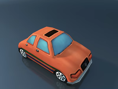 Orange cartoon car with blue windows black roof and green red stripes white rim wheels 3d model