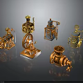 3D Rendered Vintage Industrial Mechanical Equipment Models with Gears Valves Pipes Orange Blue Metal Texture