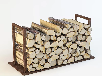 Wooden Firewood Storage Rack With Stacked Logs For Home Heating Use 3d model