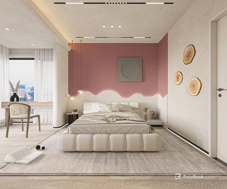 Stylish Bedroom Interior With Pink Wall Backlit Headboard Circular Decor And Desk Chair By Window 3d model 