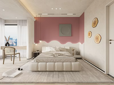 Stylish Bedroom Interior With Pink Wall Backlit Headboard Circular Decor And Desk Chair By Window 3d model