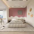 Stylish Bedroom Interior With Pink Wall Backlit Headboard Circular Decor And Desk Chair By Window
