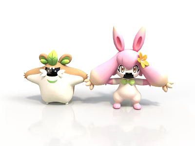 Plant Themed Cartoon Characters White With Green Leaves And Pink With Yellow Flower 3d model