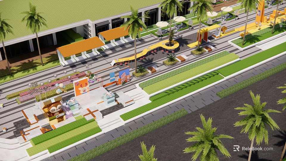 Modern Commercial Landscape Design With Palm Trees Outdoor Seating And Green Walkways 3d model 