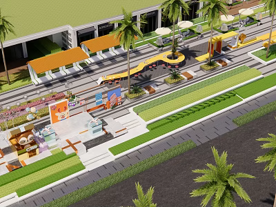 Modern Commercial Landscape Design With Palm Trees Outdoor Seating And Green Walkways 3d model