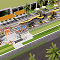 Modern Commercial Landscape Design With Palm Trees Outdoor Seating And Green Walkways