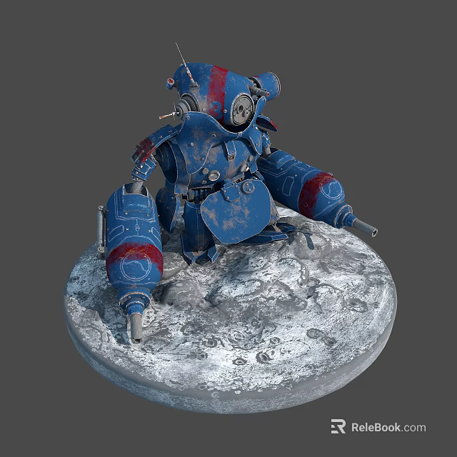 Detailed Blue Mechanical Robot Standing On Lunar Surface With Red Accents 3d model 