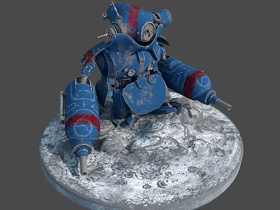 Detailed Blue Mechanical Robot Standing On Lunar Surface With Red Accents 3d model