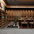 Traditional Chinese Tea House Booth Featuring Wooden Shelves Archway And Product Displays