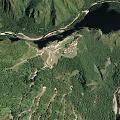 Minimalist Karesansui Landscape Design With Green Mountains River And Small Village