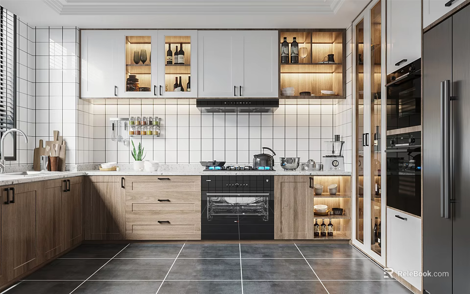 Modern Kitchen Interior Design With Wood And White Cabinets Tile Backsplash And Gas Stove 3d model 