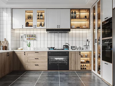 Modern Kitchen Interior Design With Wood And White Cabinets Tile Backsplash And Gas Stove 3d model