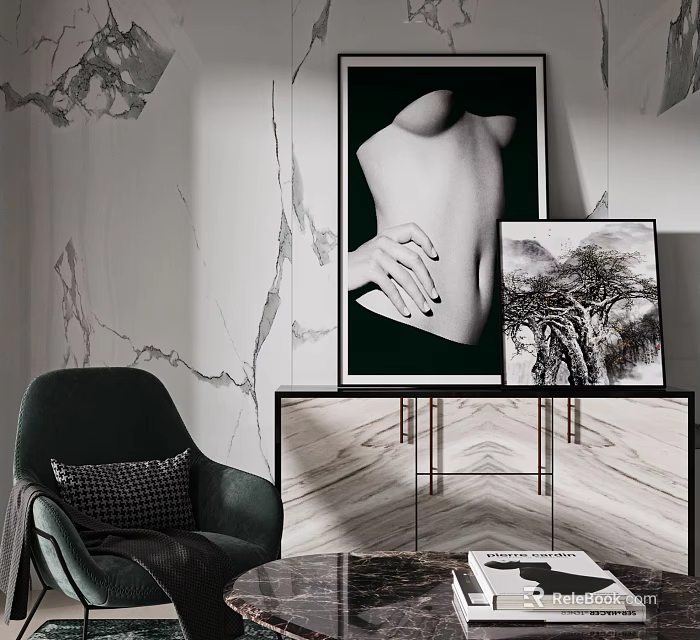 Elegant Modern Living Dining Interior With Exquisite Art Paintings Velvet Accent Chair And Marble Details 3d model 