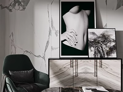 Elegant Modern Living Dining Interior With Exquisite Art Paintings Velvet Accent Chair And Marble Details 3d model