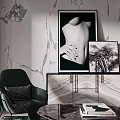 Elegant Modern Living Dining Interior With Exquisite Art Paintings Velvet Accent Chair And Marble Details