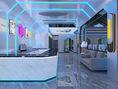 Modern Cyber Cafe Interior With Futuristic Design Blue Lighting Reception Desk Sofa And Computers 3d model