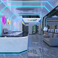 Modern Cyber Cafe Interior With Futuristic Design Blue Lighting Reception Desk Sofa And Computers