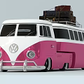 Pink and White Vintage Volkswagen Bus With Luggage Stacked On The Roof