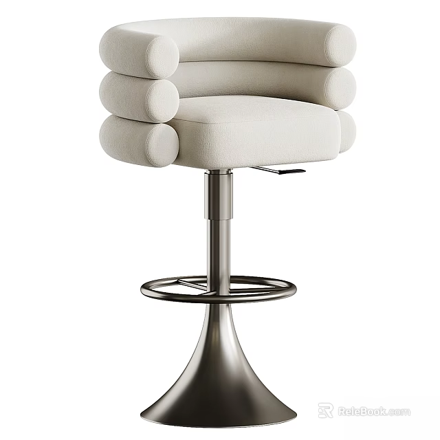 Modern Beige Padded Bar Stool with Rounded Armrests and Metal Swivel Base 3d model