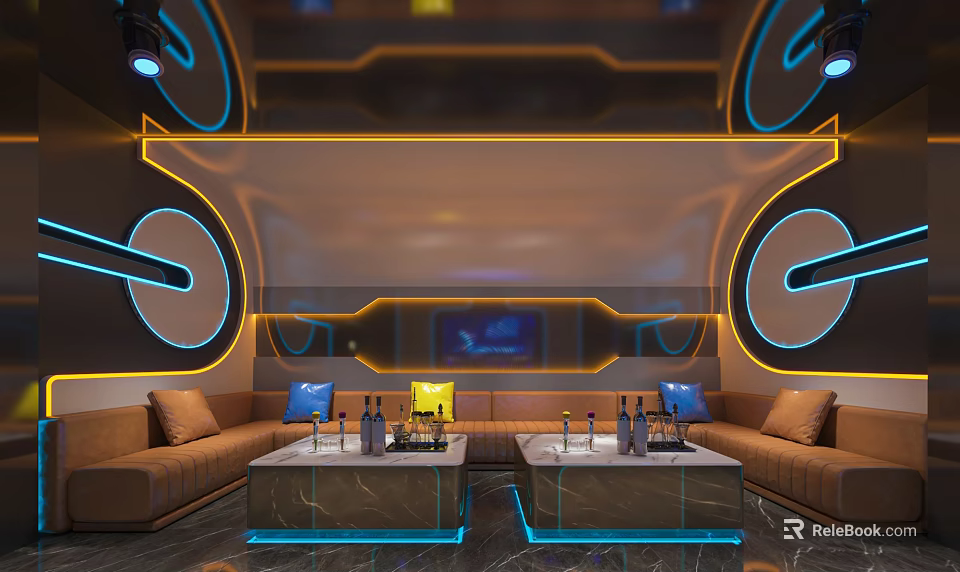 Modern KTV Room Interior with Neon Lights Brown Sofas and Coffee Tables 3d model 