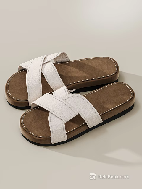 Women's White Crisscross Straps Leather Flat Sandals With Brown Soles And Simple Design 3d model 