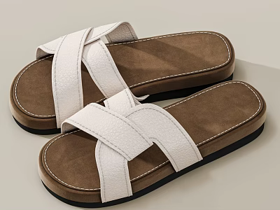 Women's White Crisscross Straps Leather Flat Sandals With Brown Soles And Simple Design 3d model