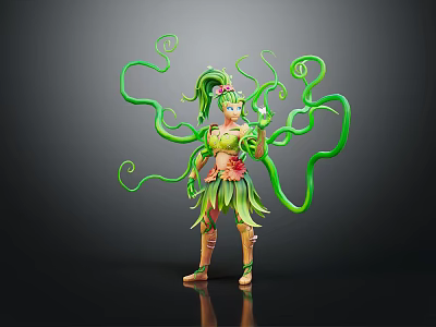 Fantasy Female Character With Green Curly Vine Creatures And Plant Elements 3d model