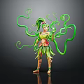 Fantasy Female Character With Green Curly Vine Creatures And Plant Elements