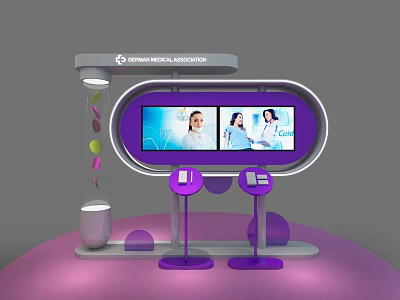 Chinese Medical Association Exhibition Island With Purple Design And Medical Professionals On Screen 3d model