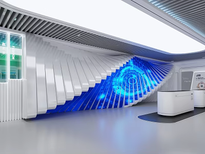 Modern Futuristic Exhibition Hall Interior With Curved Wall Blue Illuminated Installation And White Reception Desk 3d model