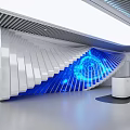 Modern Futuristic Exhibition Hall Interior With Curved Wall Blue Illuminated Installation And White Reception Desk
