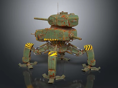 Mechanical Tank Creature Featuring Multi Legged Structure Rusty Green Coat And Yellow Black Stripes 3d model