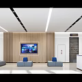 Modern Service Hall Interior With Spacious Bright Area Blue Seats And Reception Desk