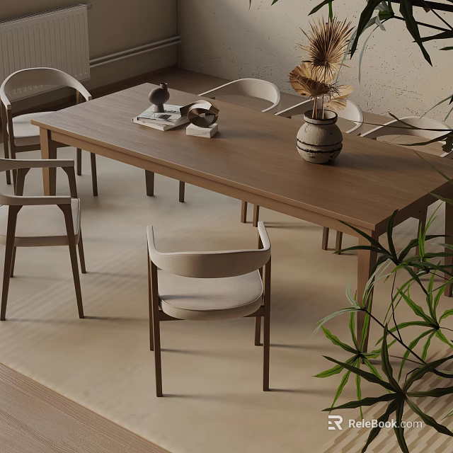 Modern Wooden Dining Table Set with Matching Chairs Ceramic Vase and Green Plant 3d model 