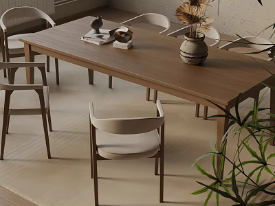 Modern Wooden Dining Table Set with Matching Chairs Ceramic Vase and Green Plant 3d model