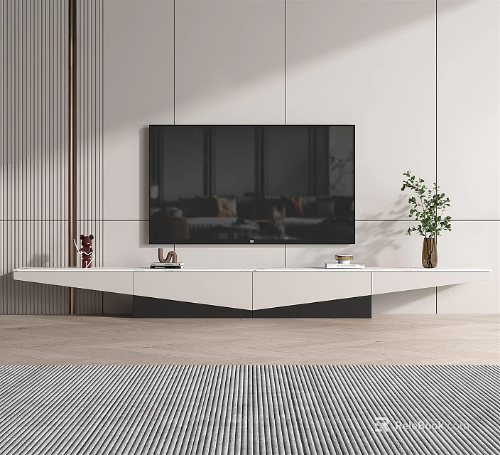 Modern TV Stand White Wall With Striped Design Decorated With Vase Books And Green Plant 3d model 
