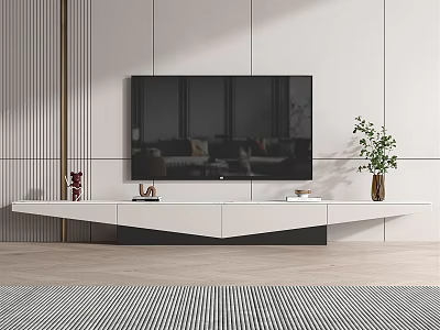 Modern TV Stand White Wall With Striped Design Decorated With Vase Books And Green Plant 3d model