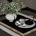 Decorative Ornament Set with White Ceramic Vase Green Branches Teapot Cups and Tray