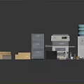 Office Workspace Components With Filing Cabinet Printer Water Dispenser And Cardboard Boxes