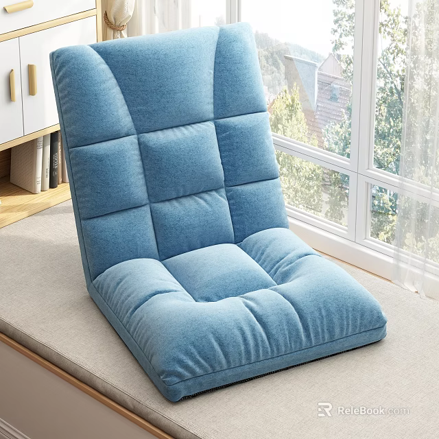 Blue Lazy Sofa With Square Tufted Fabric Design By Window In Natural Light 3d model