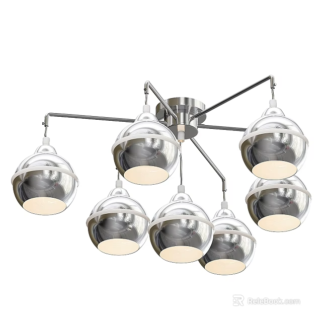 Modern Chrome Ceiling Chandelier With Six Glass Globe Shades For Interior Lighting 3d model 