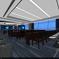 Modern Control Room With Workstations Large Screens Curved Ceiling And Windows 3d model