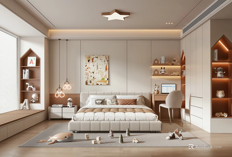 Cozy Kids Room Interior With Star Ceiling Light Bed Toys On Carpet Desk And Bookshelves 3d model 