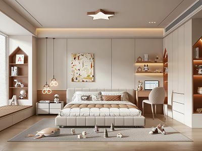 Cozy Kids Room Interior With Star Ceiling Light Bed Toys On Carpet Desk And Bookshelves 3d model