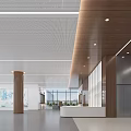 Modern Hotel Lobby With Wooden Columns Reception Desk And Large Windows