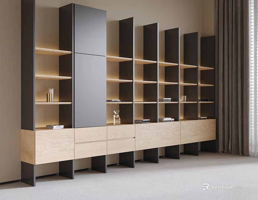 Modern Wooden And Black Bookshelf Interior Design With Open Shelves Drawers And Built In Lighting 3d model 