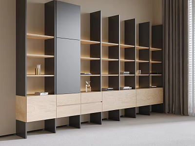 Modern Wooden And Black Bookshelf Interior Design With Open Shelves Drawers And Built In Lighting 3d model