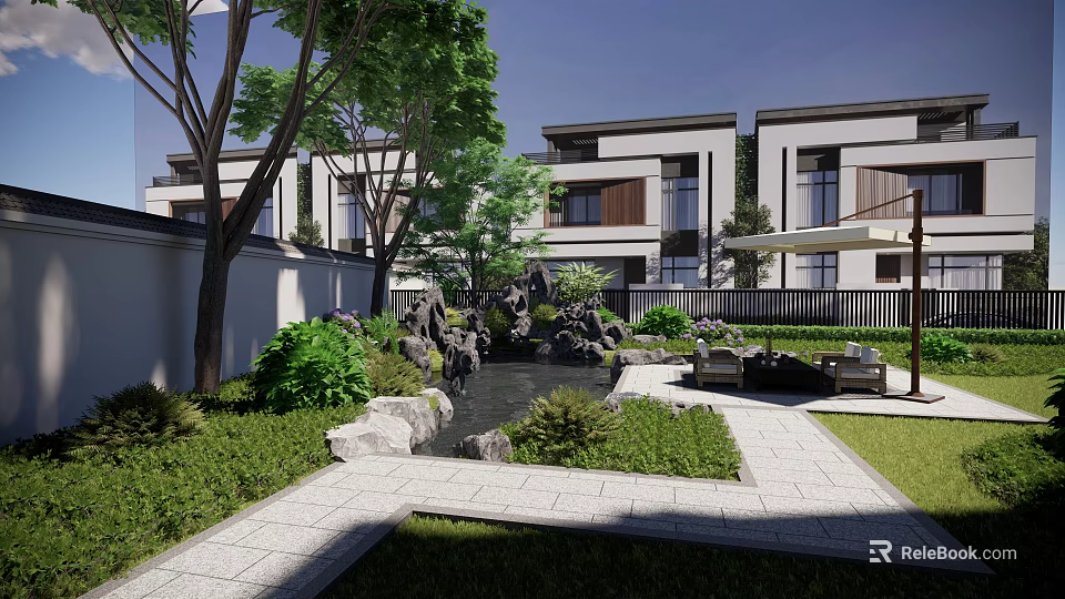 Modern Garden Landscape With Courtyard Water Feature Rocks And Seating Area 3d model 